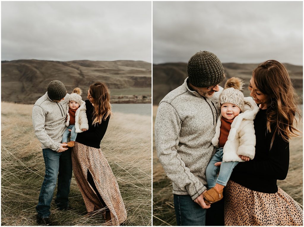 parents with baby during the winter in the columbia river gorge for a photo session