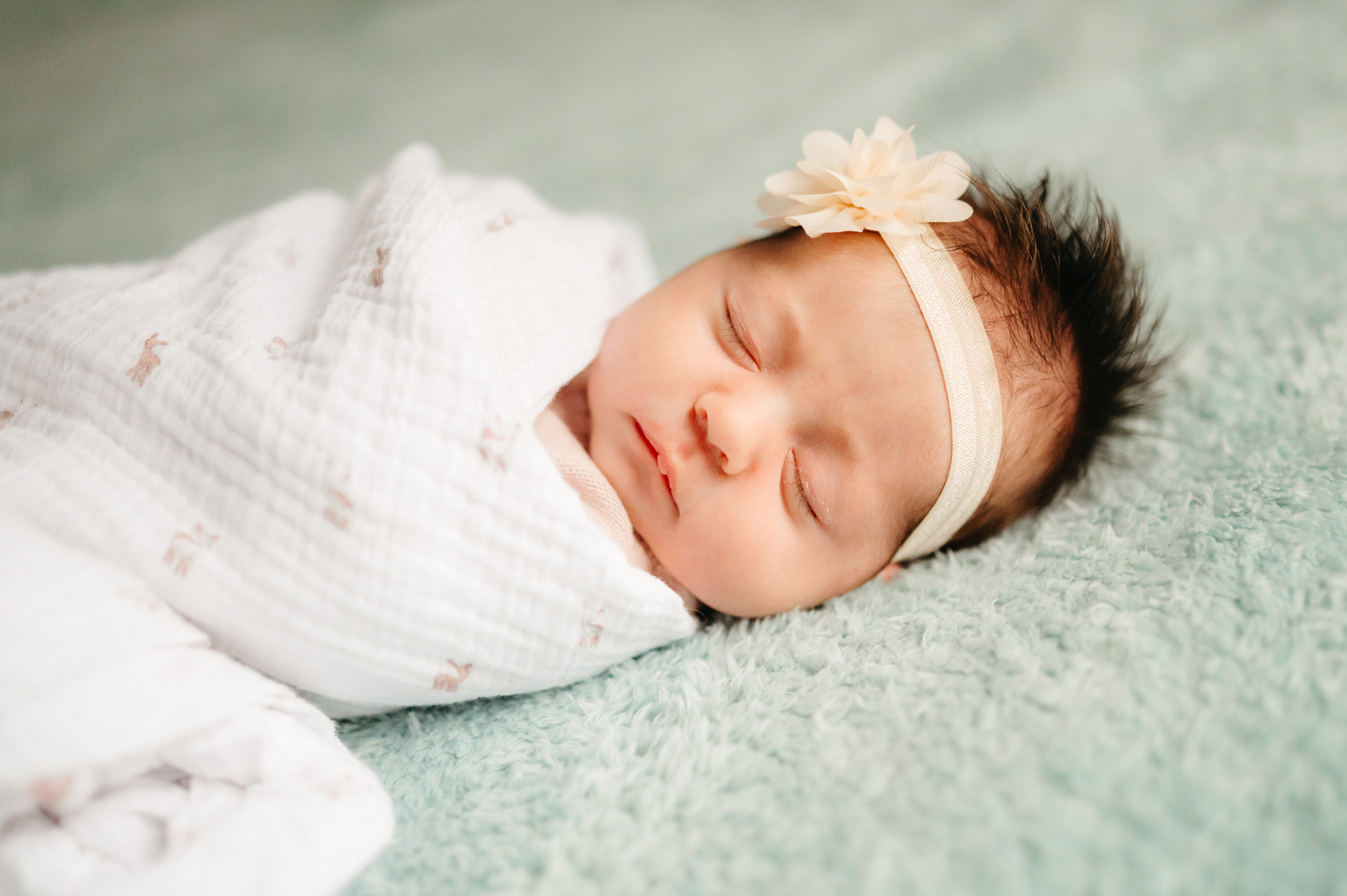 A cozy in-home newborn photography session featuring a sleeping baby wrapped in a soft blanket, showcasing a natural and relaxed family environment