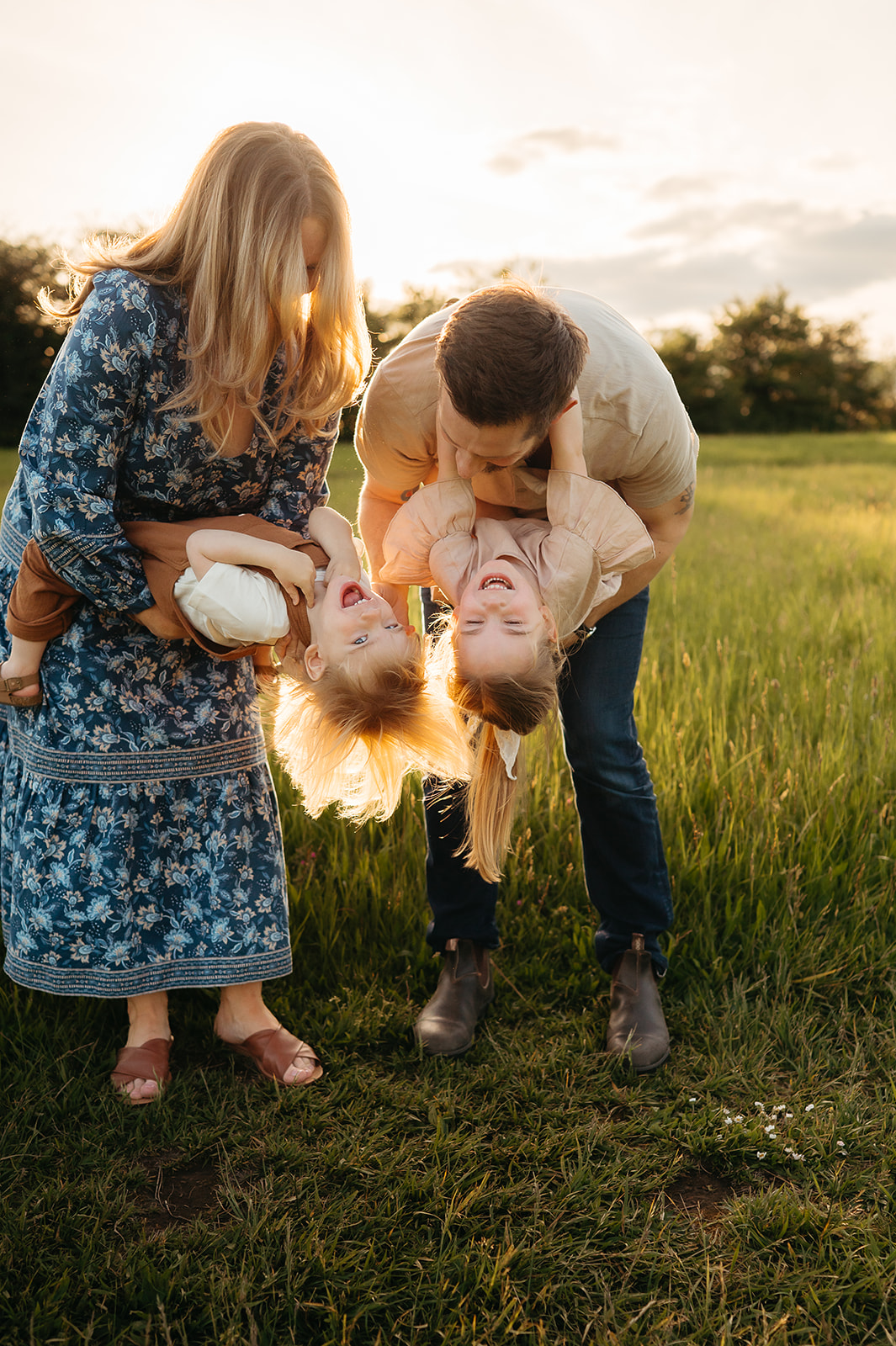 portland family playing in the golden hour light